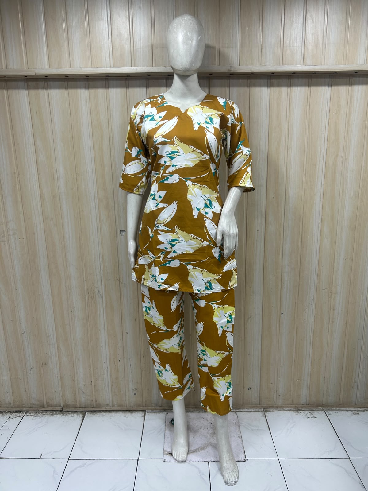 Mustard Brown Cotton Floral Print Co-Ord Set for Women