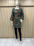 Green Cotton Ethnic Print Short Kurti for Women