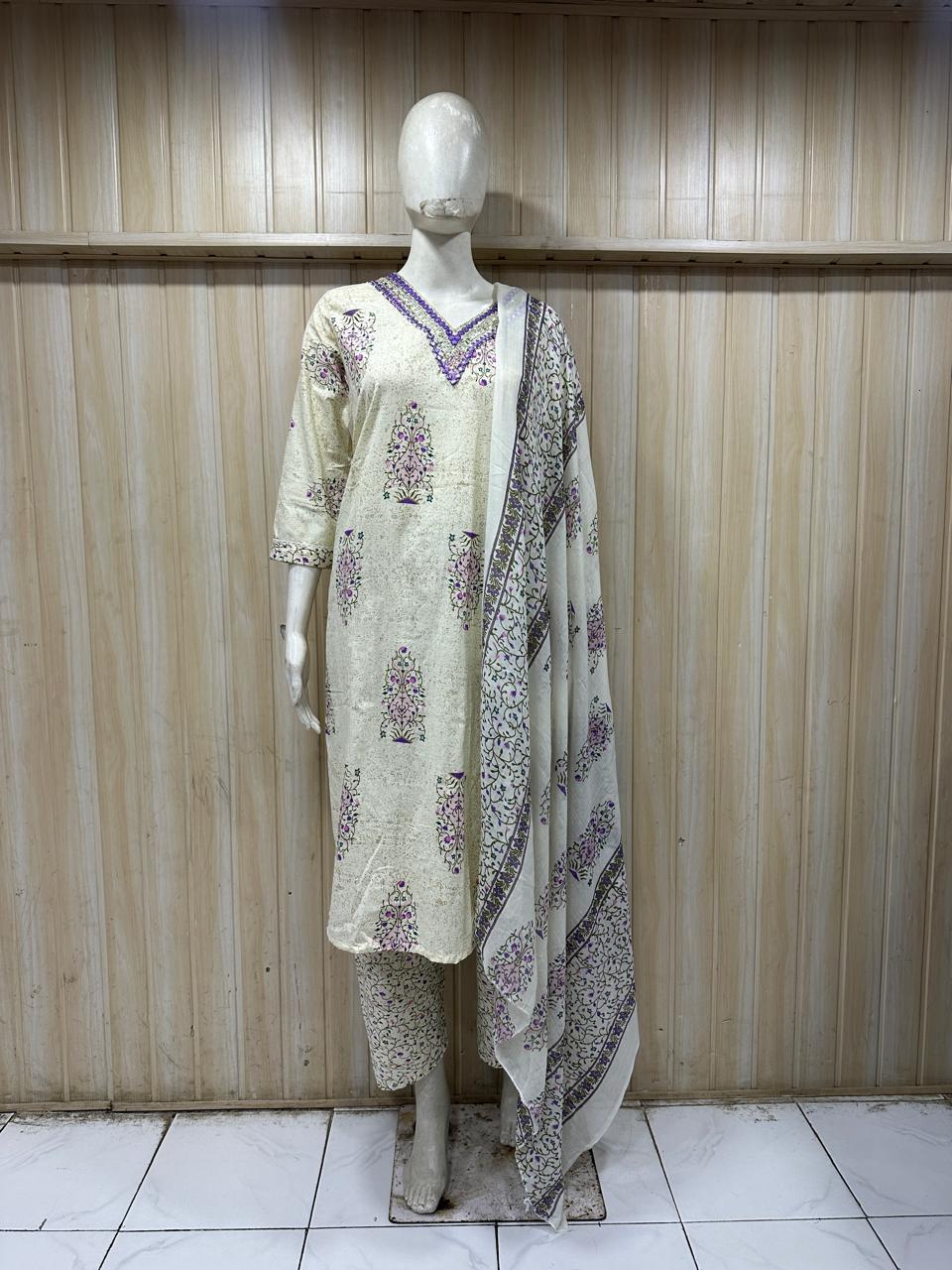 Ivory Purple Floral Cotton 3-piece Set