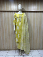 Lime Green & White Cotton 3-Piece Set with Embroidered Neckline