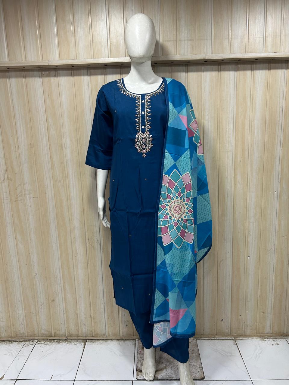 Deep Navy Blue ROMAN SILK Embroidered 3-Piece Suit Set