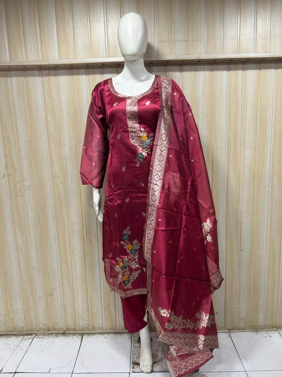 Burgundy Floral Embroidered SHIMAR FABRIC 3-Piece Ethnic Suit Set