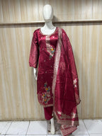 Burgundy Floral Embroidered SHIMAR FABRIC 3-Piece Ethnic Suit Set