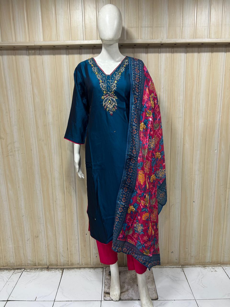 Teal Blue ROMAN SILK Embroidered 3-Piece Ethnic Suit Set