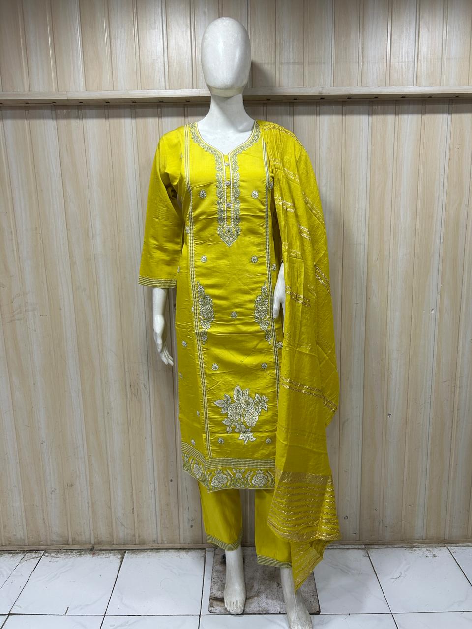 Bright Yellow ROMAN SILK Embroidered 3-Piece Ethnic Suit Set