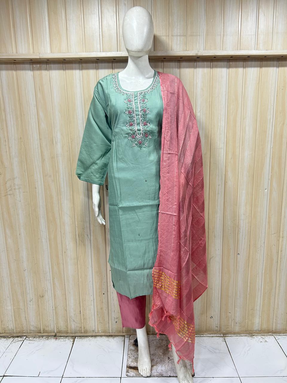 Mint Green & Pink ROMAN SILK Embroidered 3-Piece Ethnic Suit Set