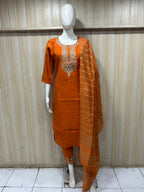 Rust Orange ROMAN SILK Embroidered 3-Piece Ethnic Suit Set