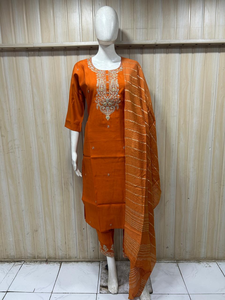 Rust Orange ROMAN SILK Embroidered 3-Piece Ethnic Suit Set