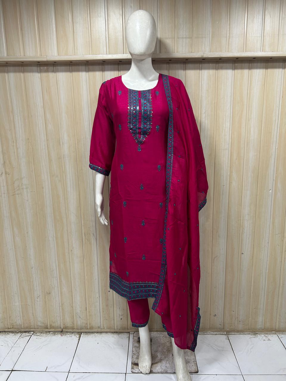 Magenta Pink ROMAN SILK Embroidered 3-Piece Ethnic Suit Set