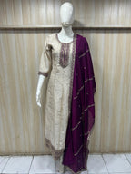 Ivory Vertican Skill A-Line Kurti 3-Piece Set with Pant & Dupatta