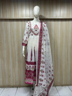 White Mull Cotton Round Kurti 3-Piece Set with Pant & Dupatta