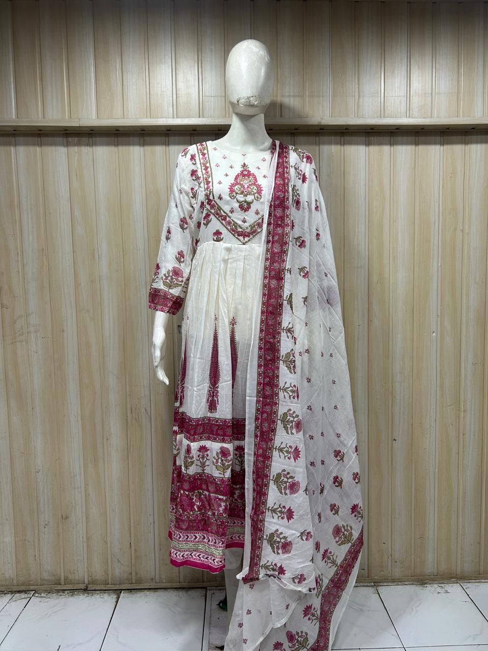 White Mull Cotton Round Kurti 3-Piece Set with Pant & Dupatta
