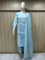 Sky Blue Mull Cotton Straight Kurti 3-Piece Set with Pant & Dupatta