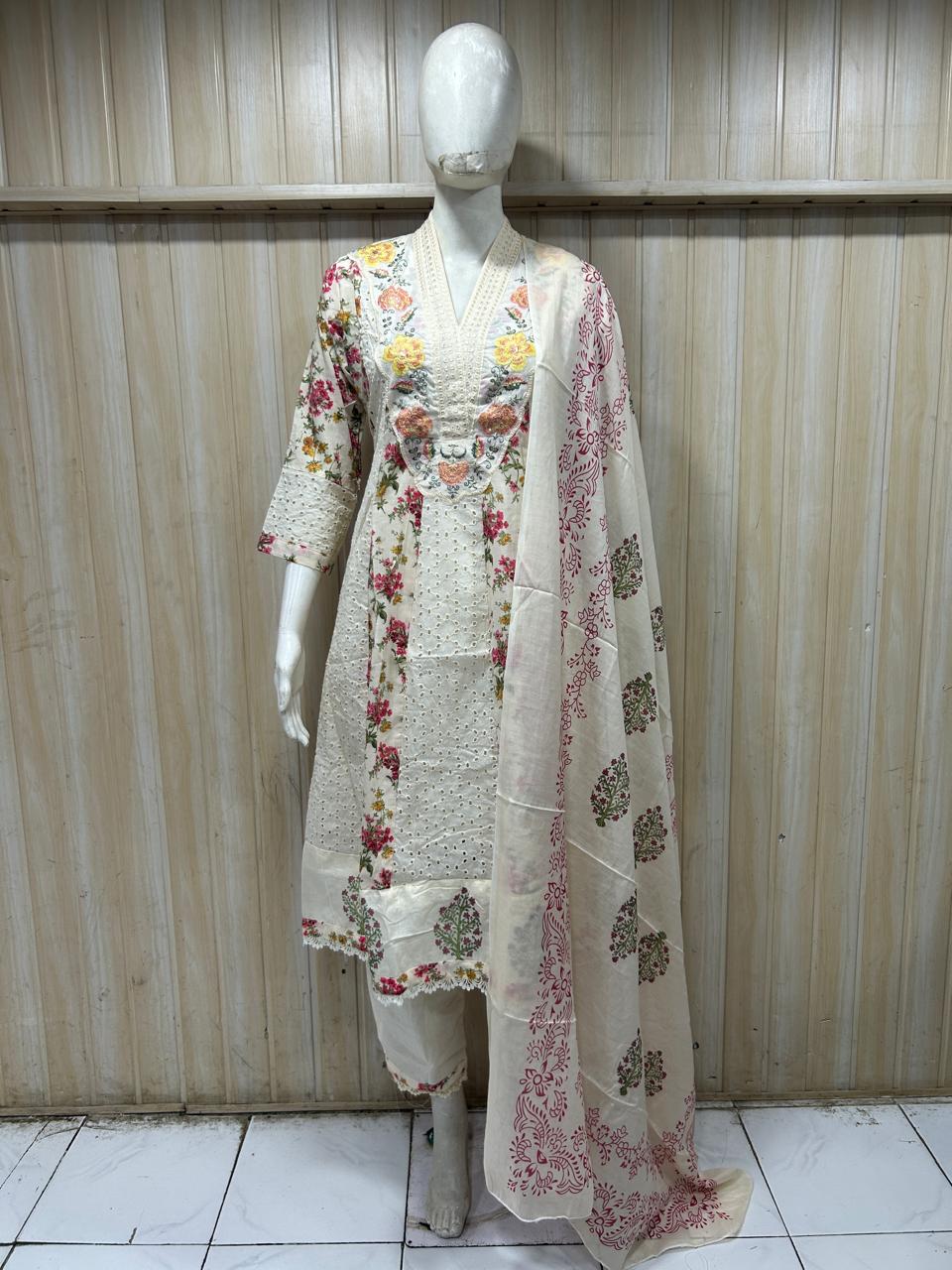 Ivory Mull Cotton Round Kurti 3-Piece Set with Pant & Dupatta