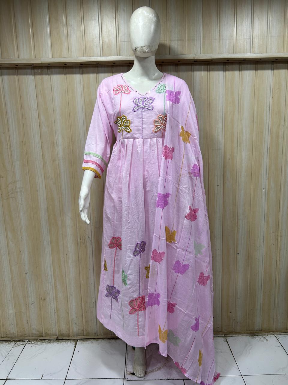 Pink Mull Cotton Round Kurti 3-Piece Set with Pant & Dupatta