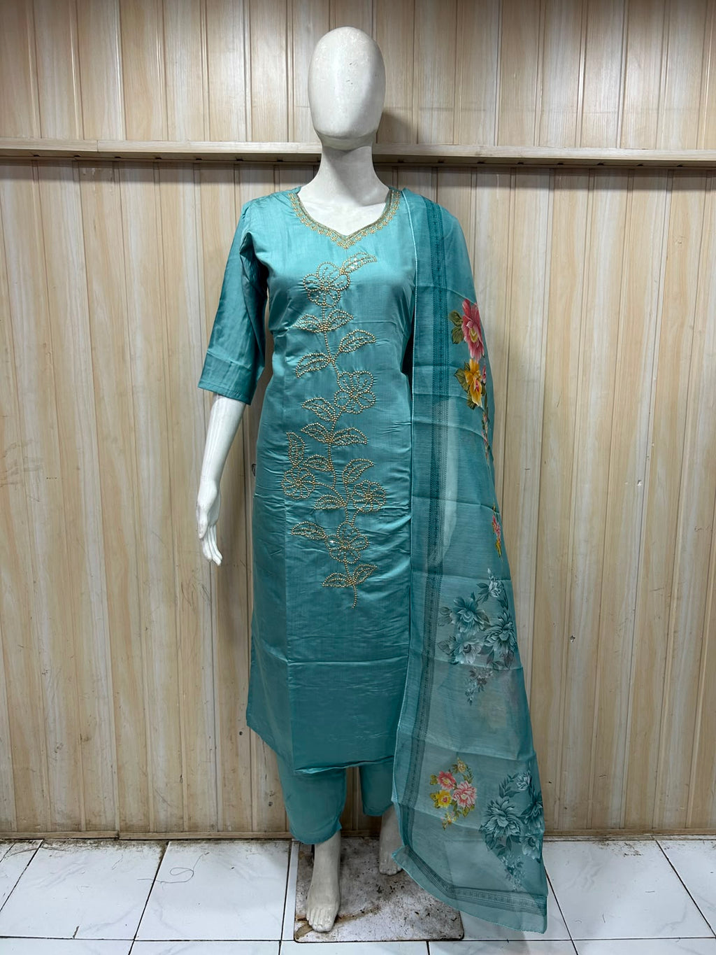 Aqua Blue ROMAN SILK 3-Piece Suit with Floral ORGANZA DUPATTA