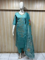 Aqua Blue ROMAN SILK 3-Piece Suit with Floral ORGANZA DUPATTA