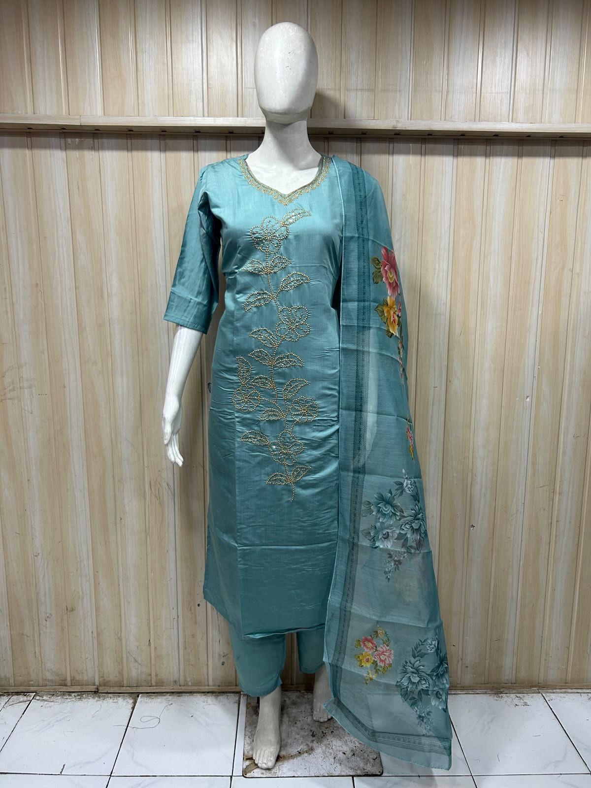 Aqua Blue ROMAN SILK 3-Piece Suit with Floral ORGANZA DUPATTA