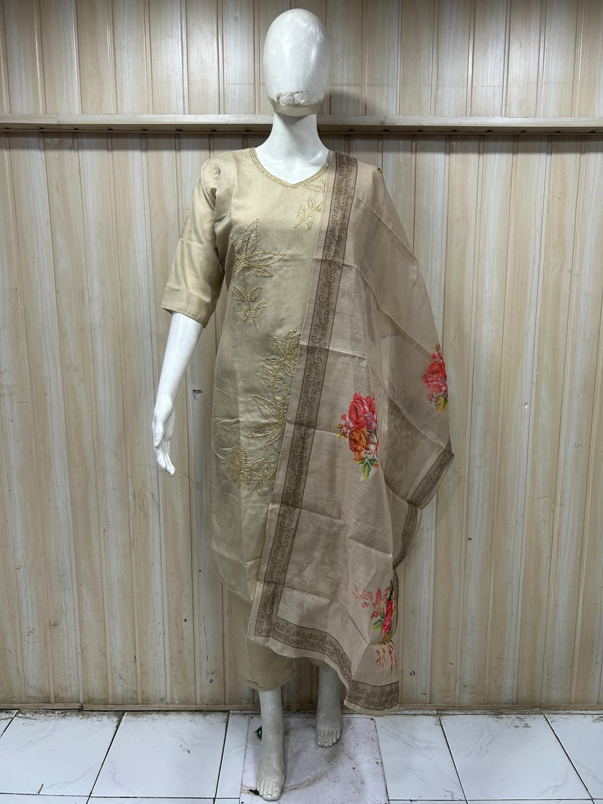 Ivory Beige ROMAN SILK 3-Piece Suit with ORGANZA DUPATTA