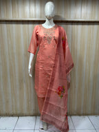Peach ROMAN SILK 3-Piece Suit with Floral ORGANZA DUPATTA