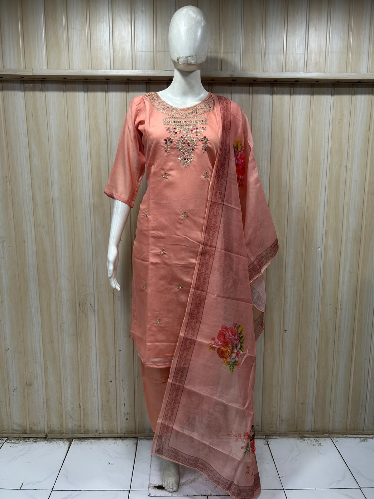 Peach ROMAN SILK 3-Piece Suit with Floral ORGANZA DUPATTA