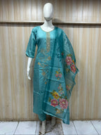 Teal Blue ROMAN SILK 3-Piece Suit with ORGANZA DUPATTA