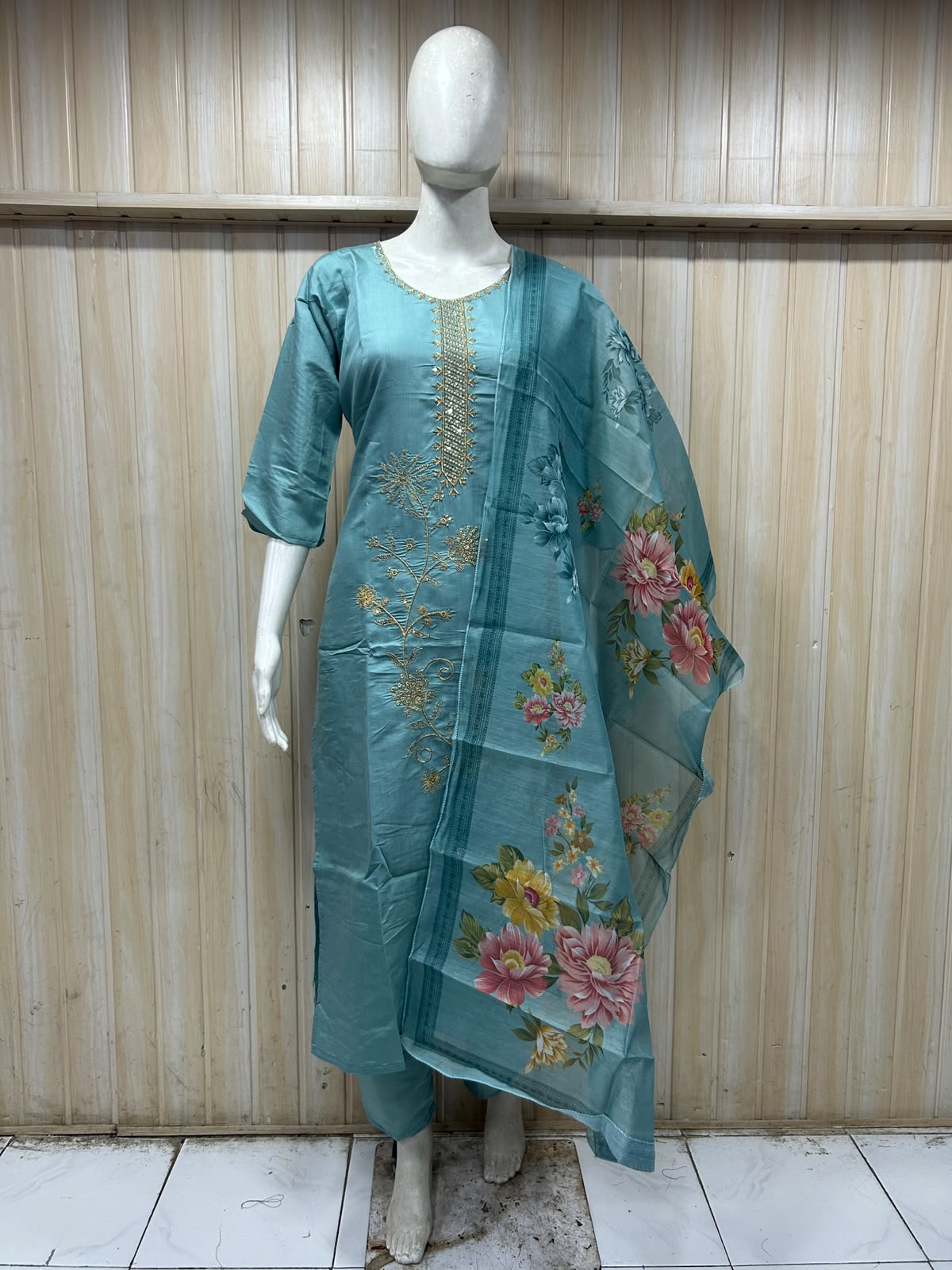 Teal Blue ROMAN SILK 3-Piece Suit with ORGANZA DUPATTA