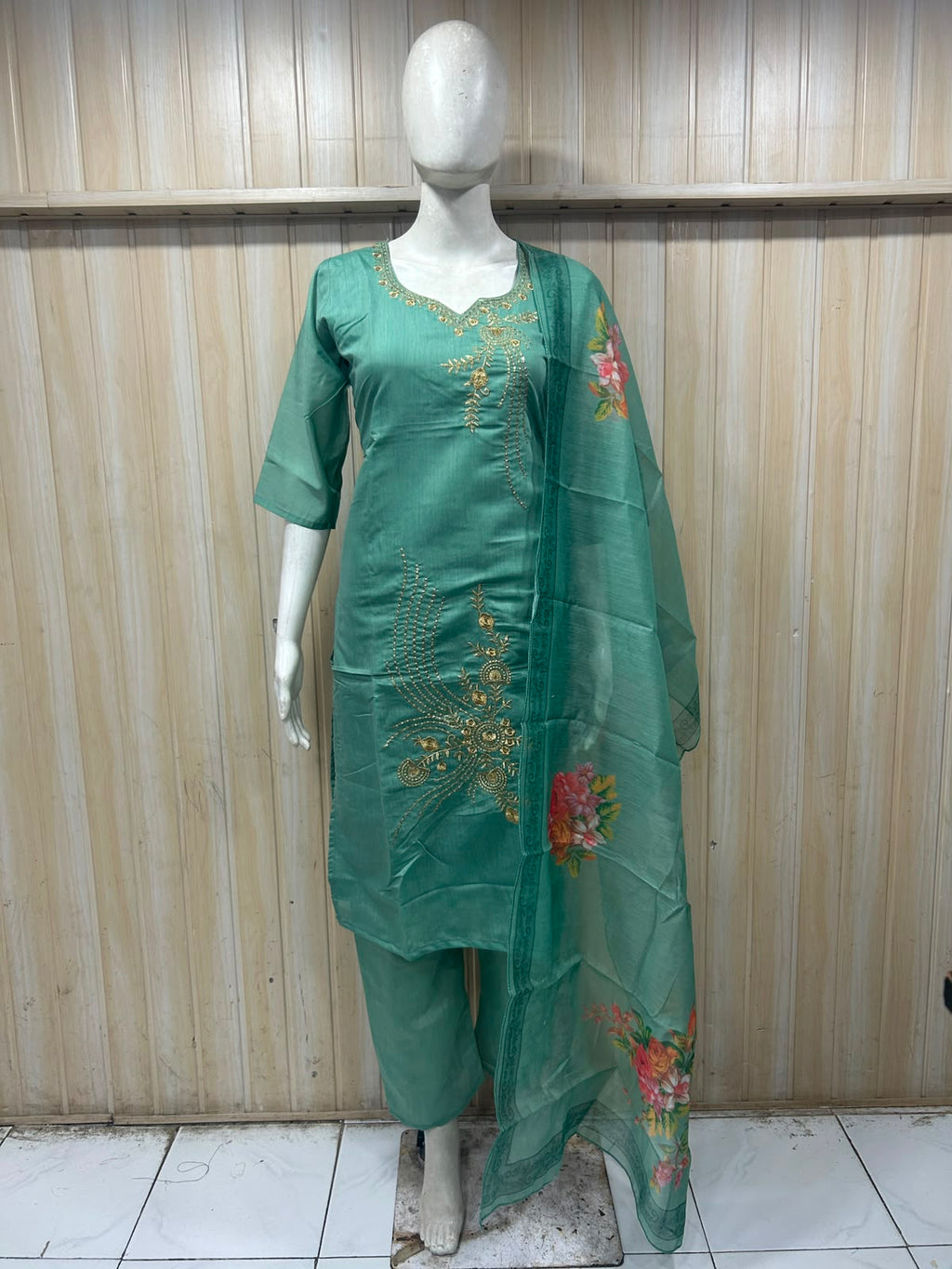 Teal Green ROMAN SILK Embroidered 3-Piece Suit with ORGANZA DUPATTA