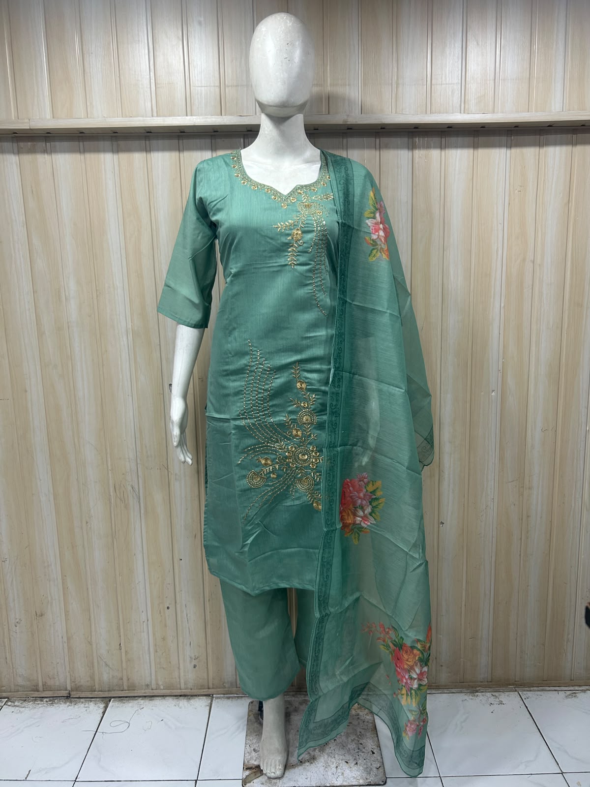 Teal Green ROMAN SILK Embroidered 3-Piece Suit with ORGANZA DUPATTA