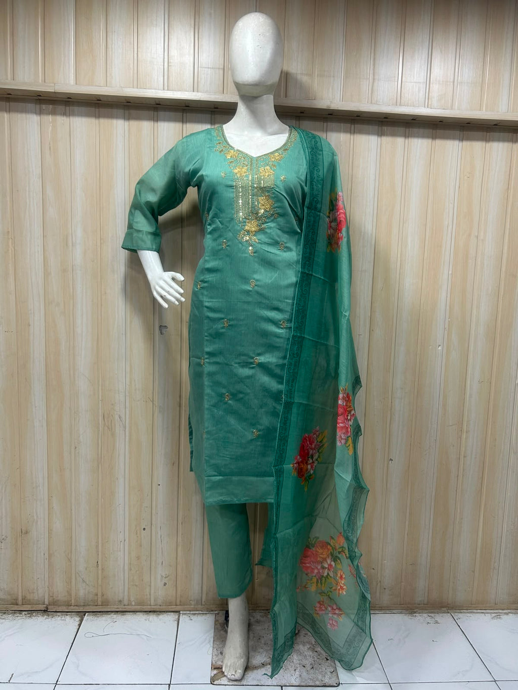 Teal Green ROMAN SILK 3-Piece Suit with ORGANZA DUPATTA