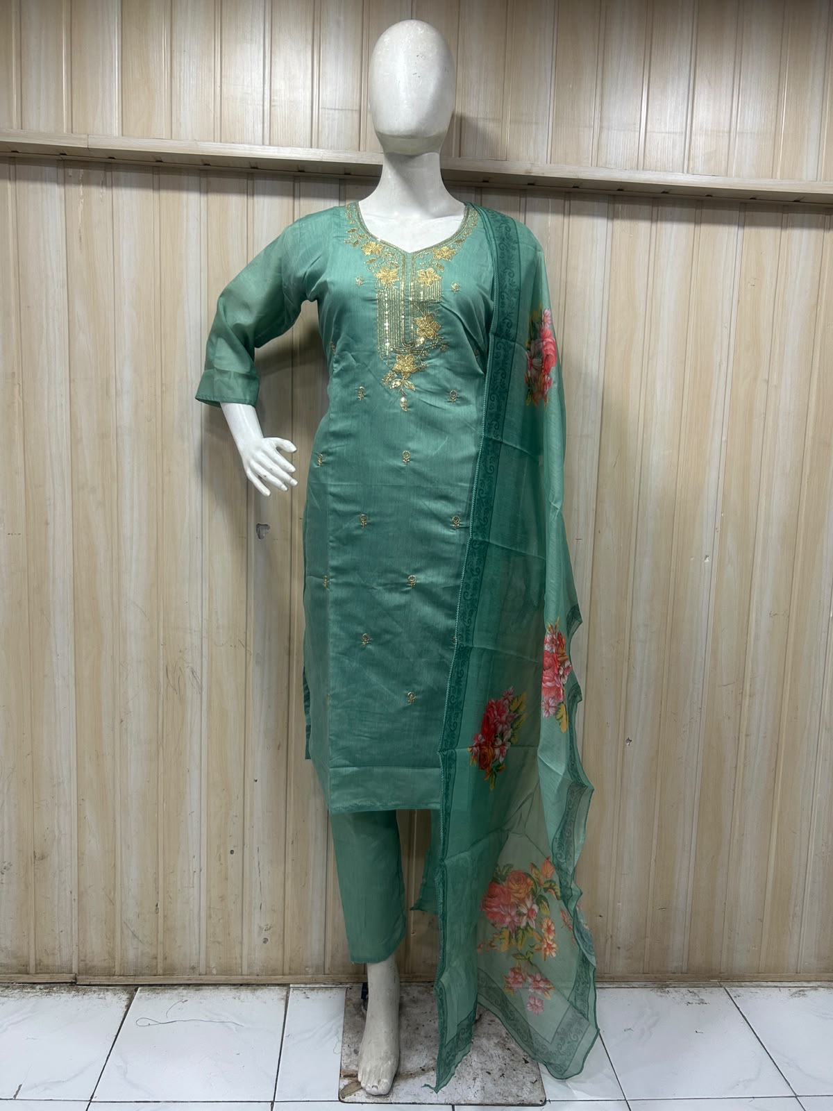 Teal Green ROMAN SILK 3-Piece Suit with ORGANZA DUPATTA