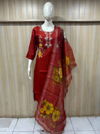 Deep Red ROMAN SILK 3-Piece Suit with ORGANZA DUPATTA