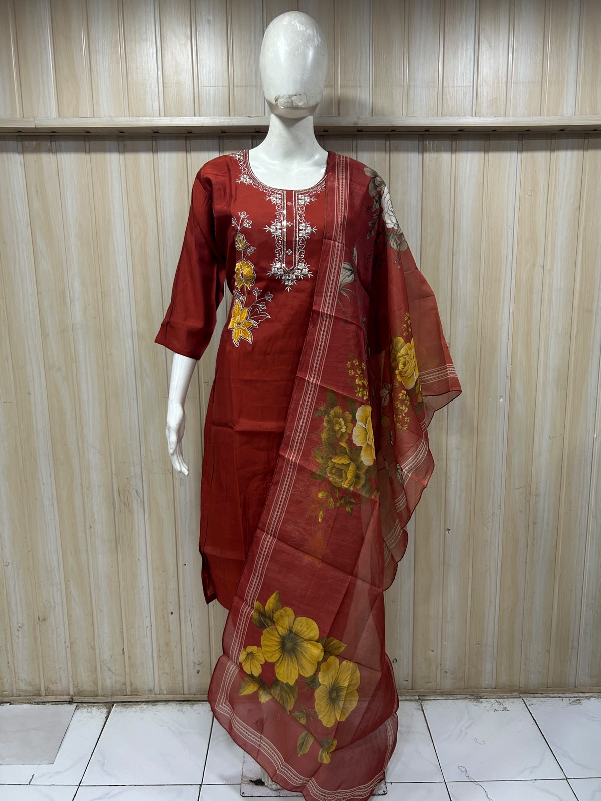 Deep Red ROMAN SILK 3-Piece Suit with ORGANZA DUPATTA