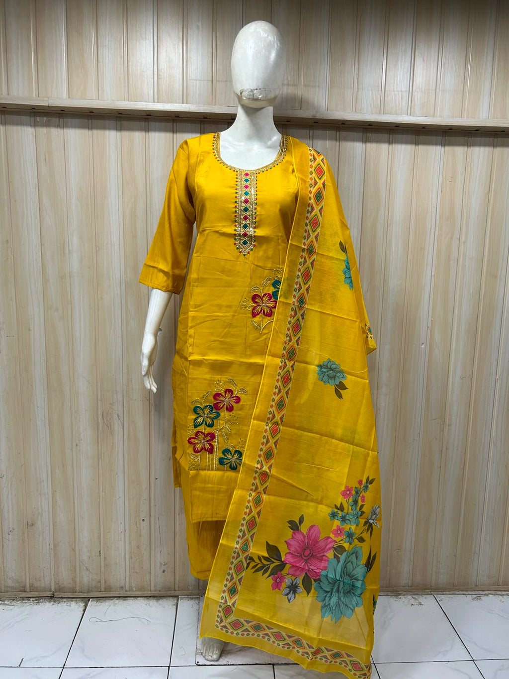 Mustard Yellow ROMAN SILK 3-Piece Suit with ORGANZA DUPATTA