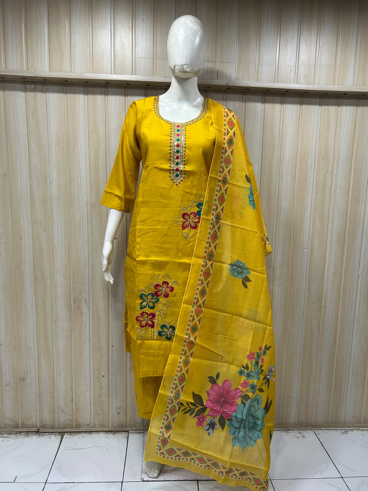 Mustard Yellow ROMAN SILK 3-Piece Suit with ORGANZA DUPATTA