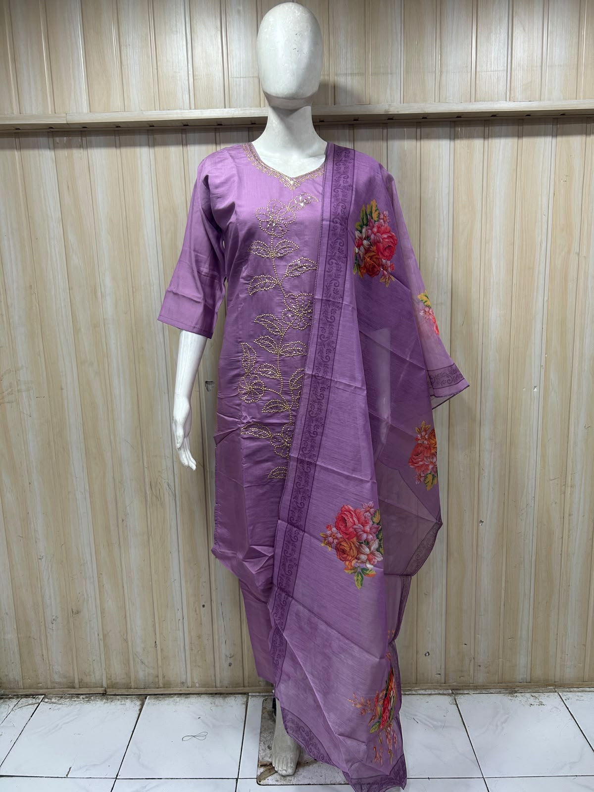 Lavender ROMAN SILK Embroidered 3-Piece Suit with ORGANZA DUPATTA