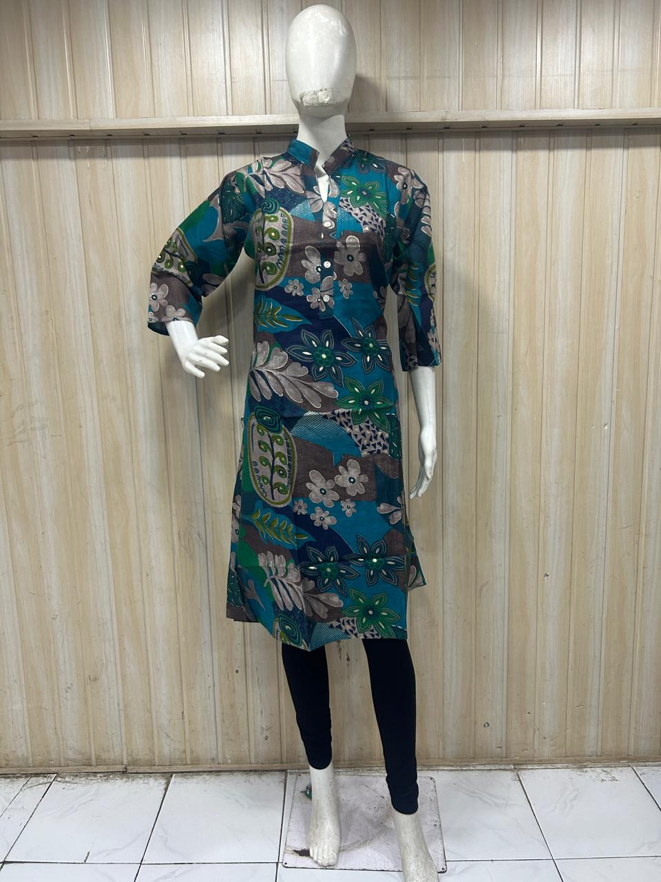 Olive Green Cotton Floral Print Single LONG A-line Kurti for Women