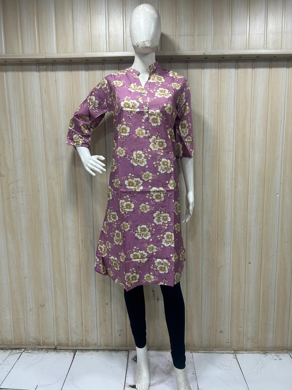 Mauve Cotton Floral Print Single LONG A-line Kurti for Women