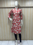 Red Cotton Floral Print Single Long A-Line Kurti for Women