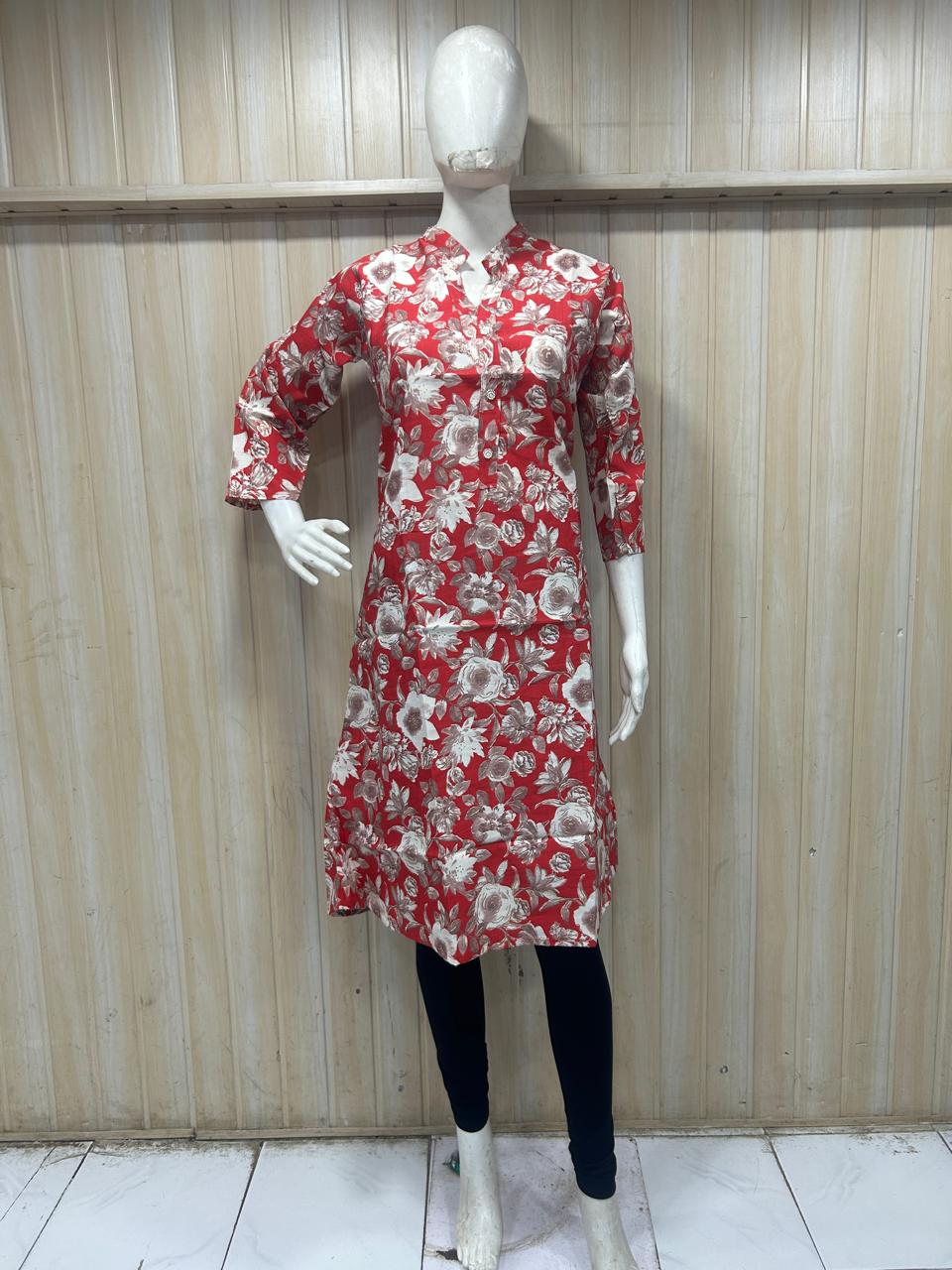 Red Cotton Floral Print Single Long A-Line Kurti for Women