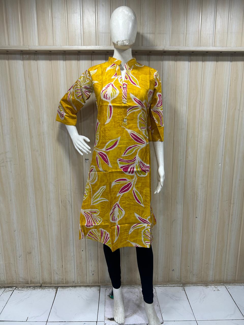 Mustard Yellow Cotton Leaf Print Single LONG A-line Kurti For Women