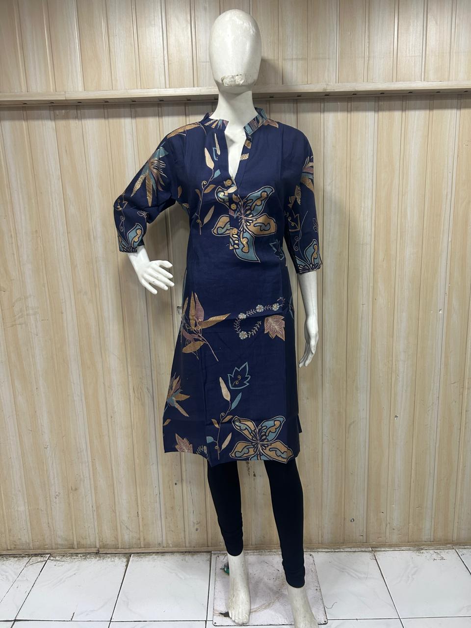Navy Blue Cotton Floral Print Single LONG A-line Kurti For Women