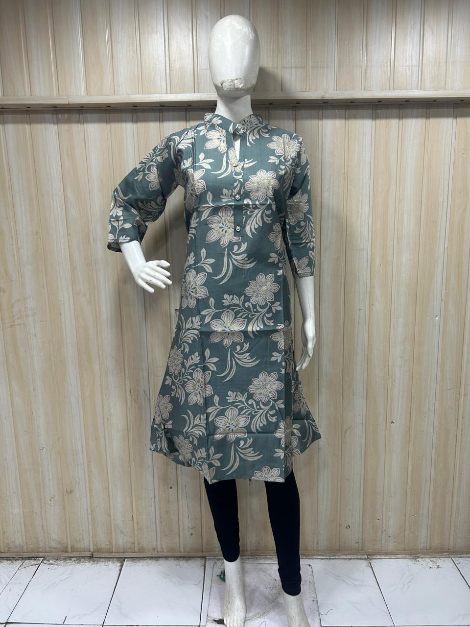 Teal Cotton Floral Print Single Long A-Line Kurti for Women