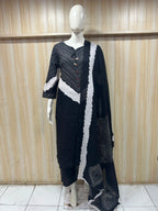 Black Mull Cotton A-Line Kurti 3-Piece Set with Pant & Dupatta