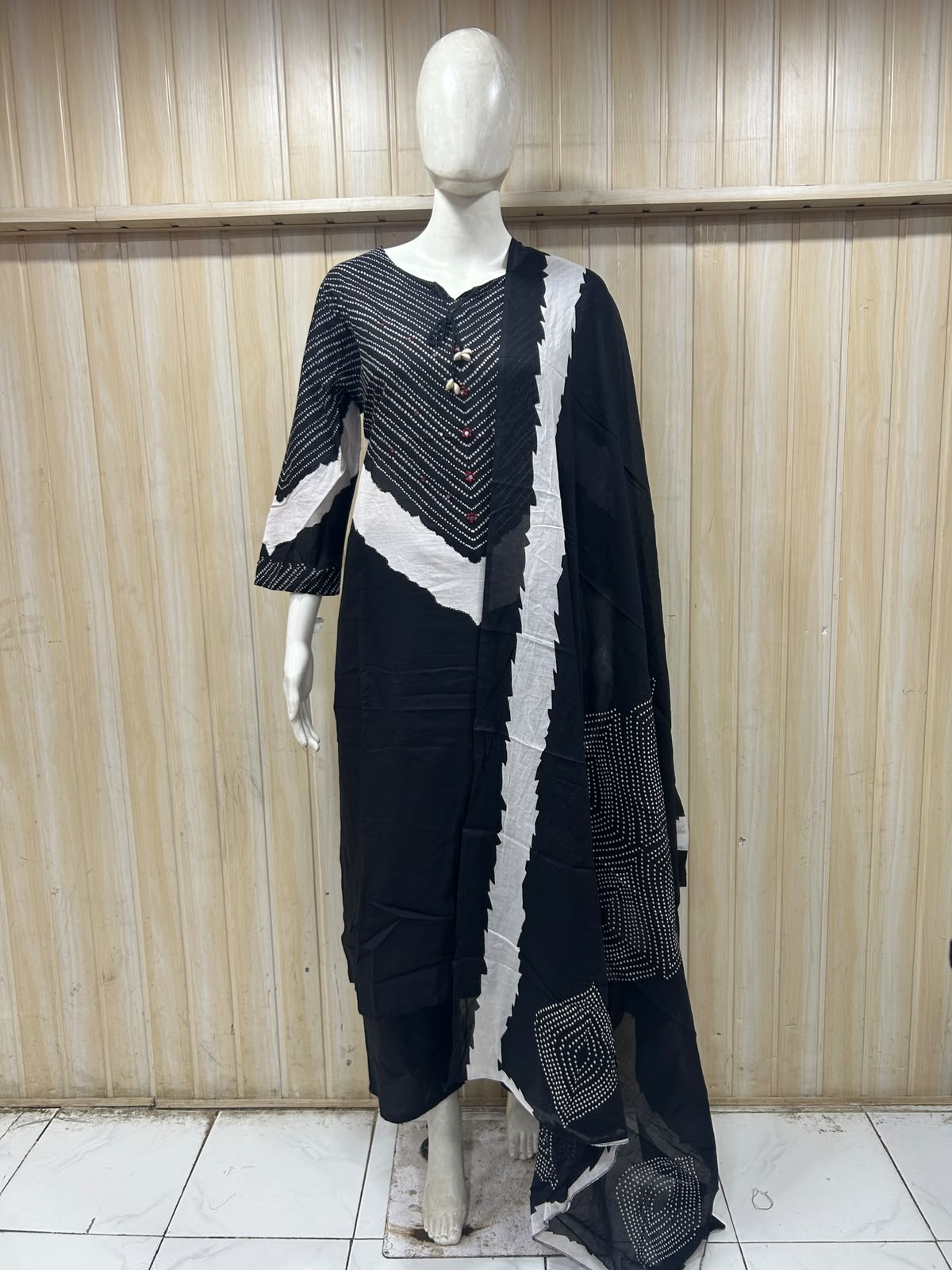 Black Mull Cotton A-Line Kurti 3-Piece Set with Pant & Dupatta