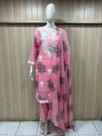 Pink Mull Cotton Round Kurti 3-Piece Set with Pant & Dupatta
