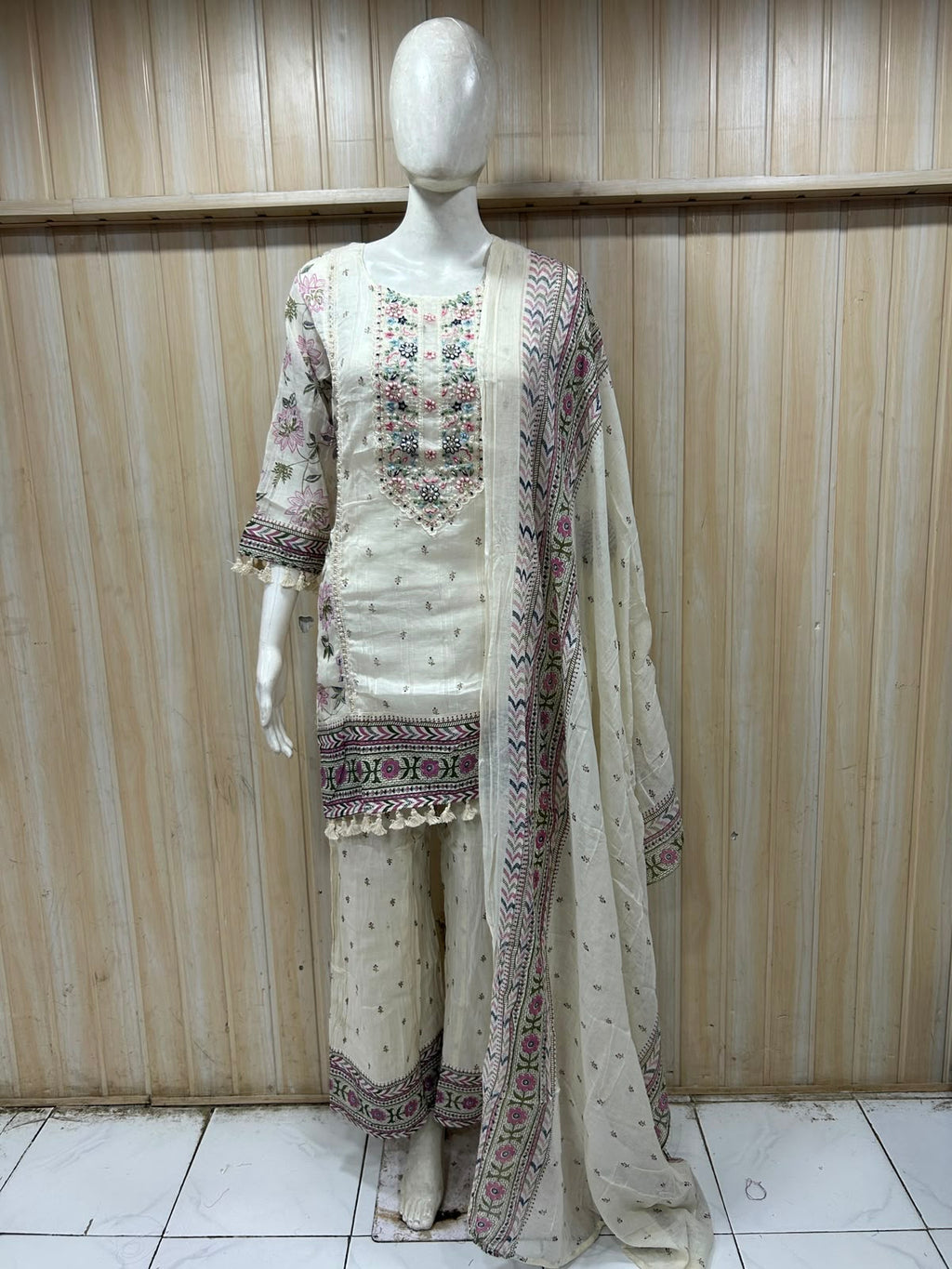 Ivory Mull Cotton Straight Kurti 3-Piece Set with Pant & Dupatta