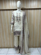 Ivory Mull Cotton Straight Kurti 3-Piece Set with Pant & Dupatta