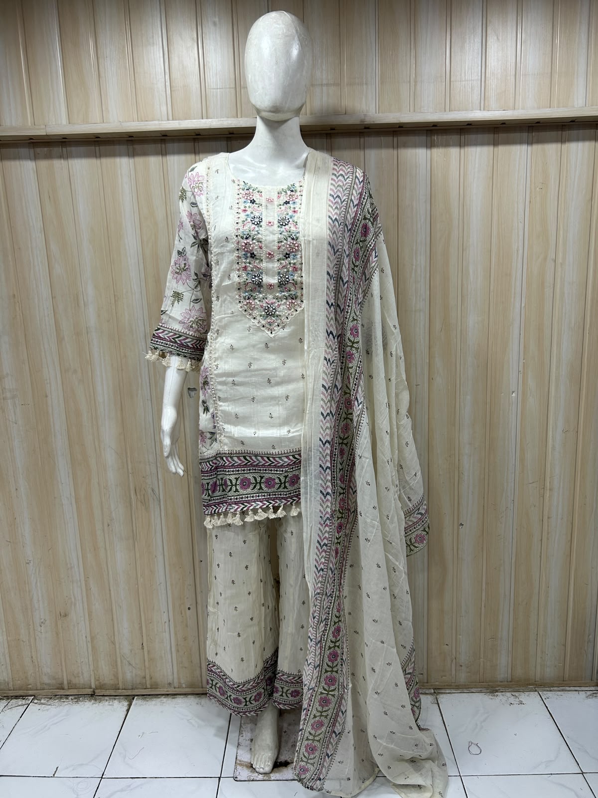 Ivory Mull Cotton Straight Kurti 3-Piece Set with Pant & Dupatta