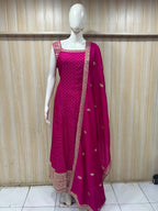 Deep Magenta Vertican Skill Sleeveless 3-Piece Kurti Set with Pant & Dupatta